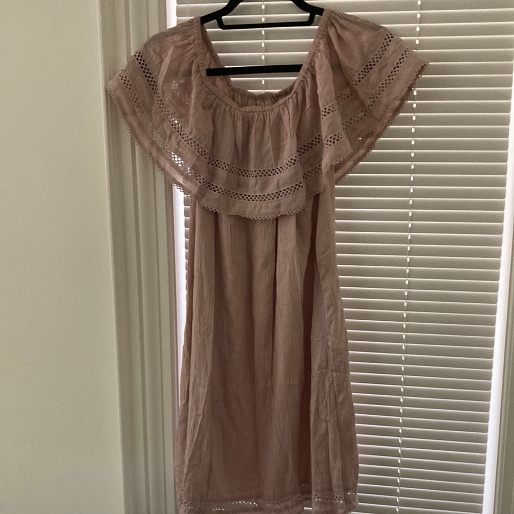 Blush / neutral pink dress, lace drill around neckline.